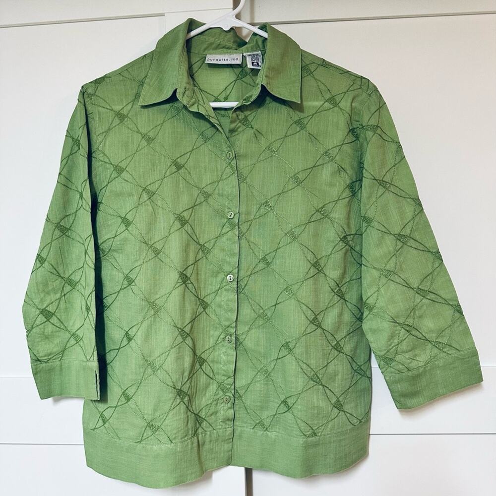 Pursuits Ltd Womens Small Green Embroidered 3/4 Sleeve Cotton Button Up Shirt